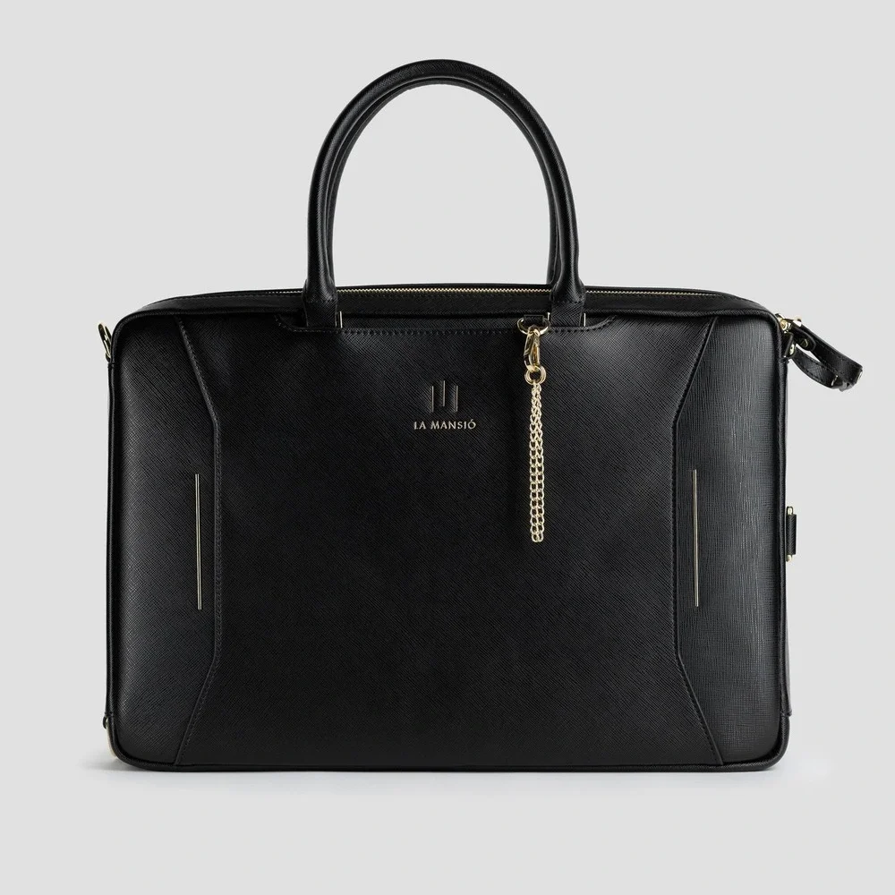 New La Mansio Grand Black Leather Travel Backpack / Briefcase + Laptop Case